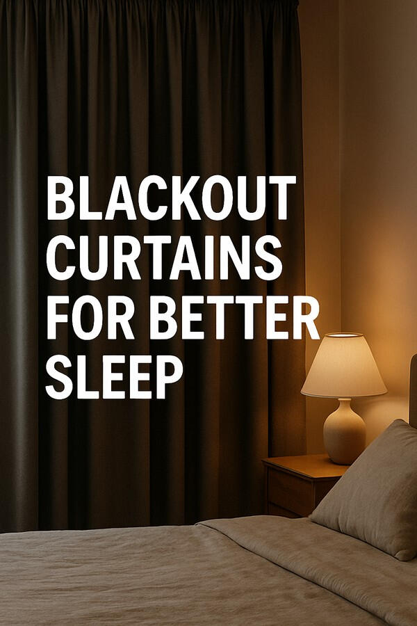 Dark blackout curtains drawn over a softly lit bedroom window, with the text “Blackout Curtains for Better Sleep” in bold white font.